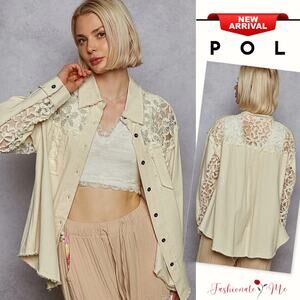 POL Button Down Raw Edge Pearl Lace Patch Long Sleeves Oversized Shirt | Oatmilk